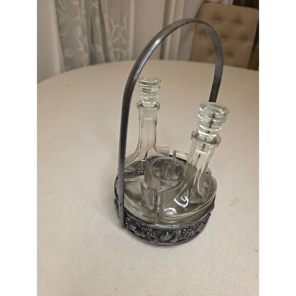 Vintage Ornate Silver Plate Glass Cruet Set With Decorative Handle & Fruit Motif - Picture 13 of 15